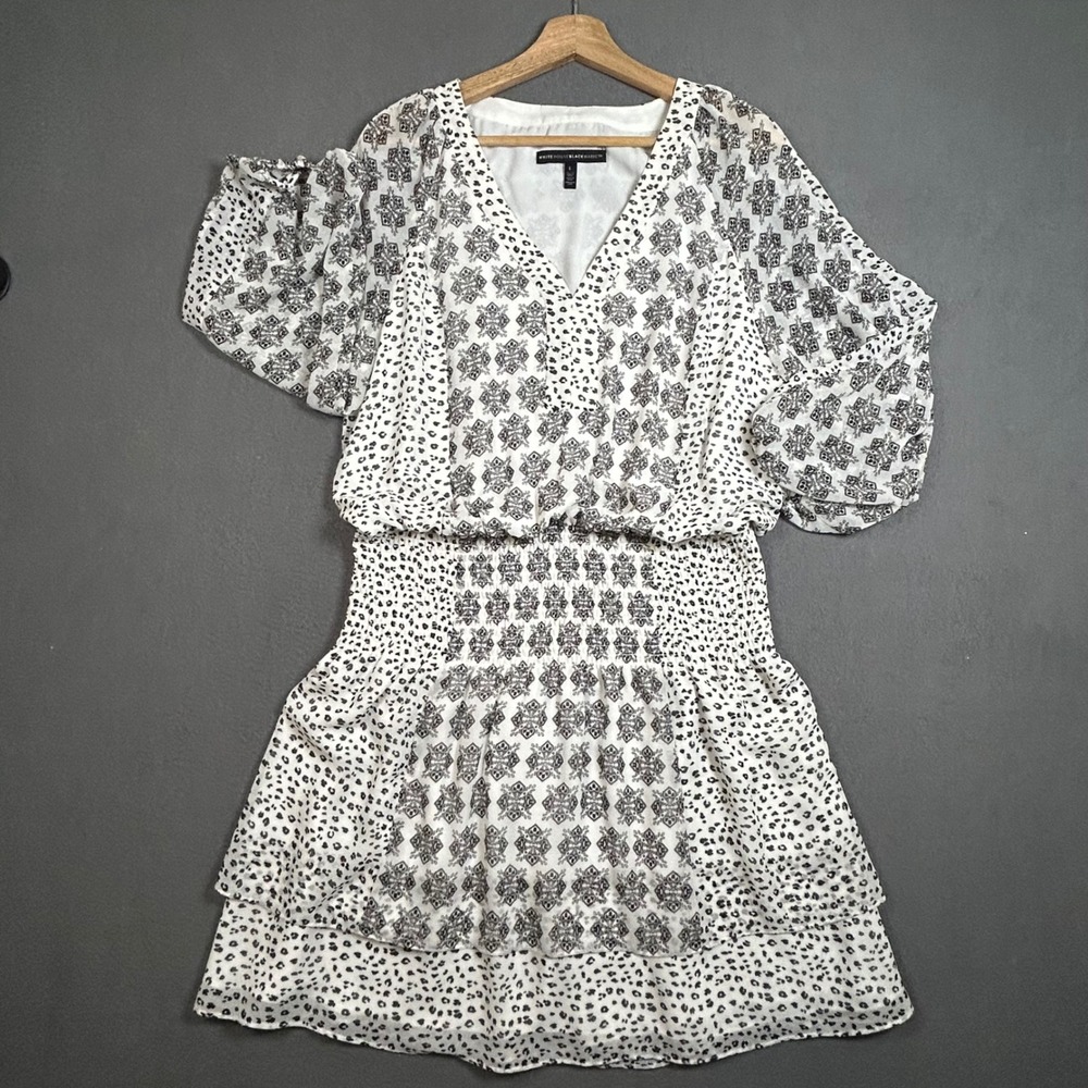 White House Black Market Dress Womens L White Mixed Print Smocked Tiered Boho